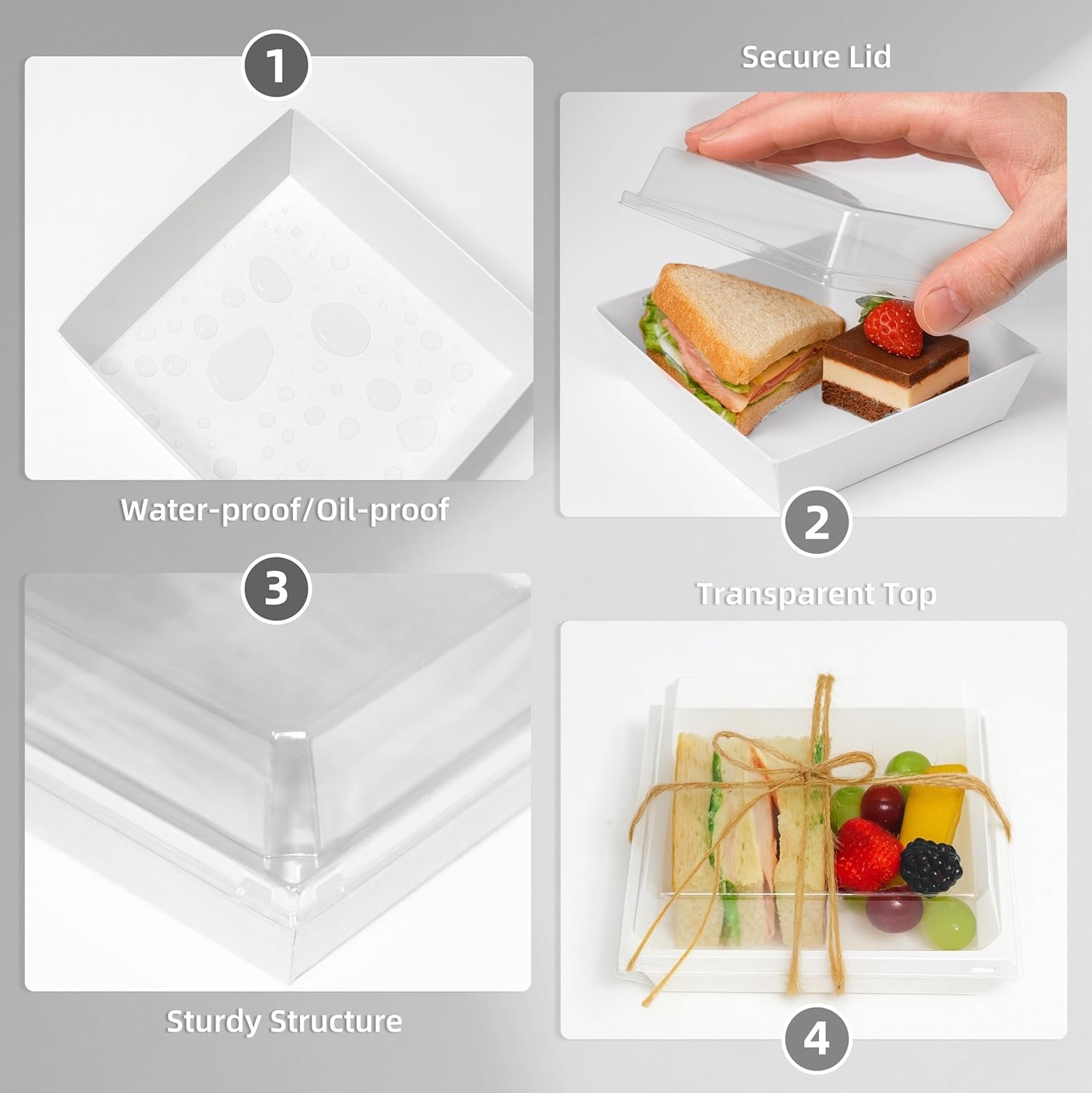 Grossiste en boîtes à charcuterie 50 pièces, conteneurs alimentaires jetables pour part de gâteau, cookies et sandwich, Logo Personnalisé, fournisseur de solutions en gros avec couvercles transparents.