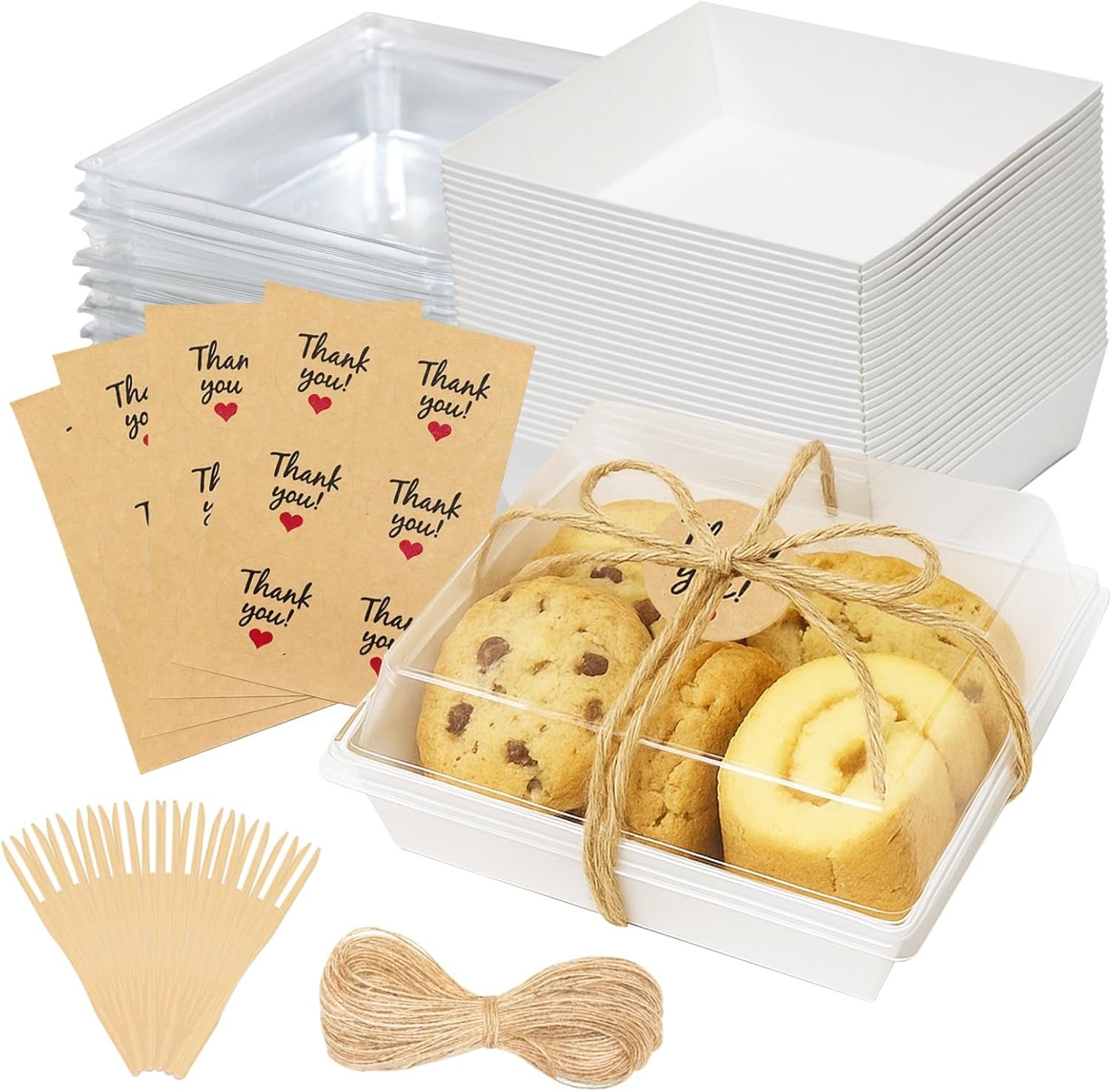 Grossiste en boîtes à charcuterie 50 pièces, conteneurs alimentaires jetables pour part de gâteau, cookies et sandwich, Logo Personnalisé, fournisseur de solutions en gros avec couvercles transparents.