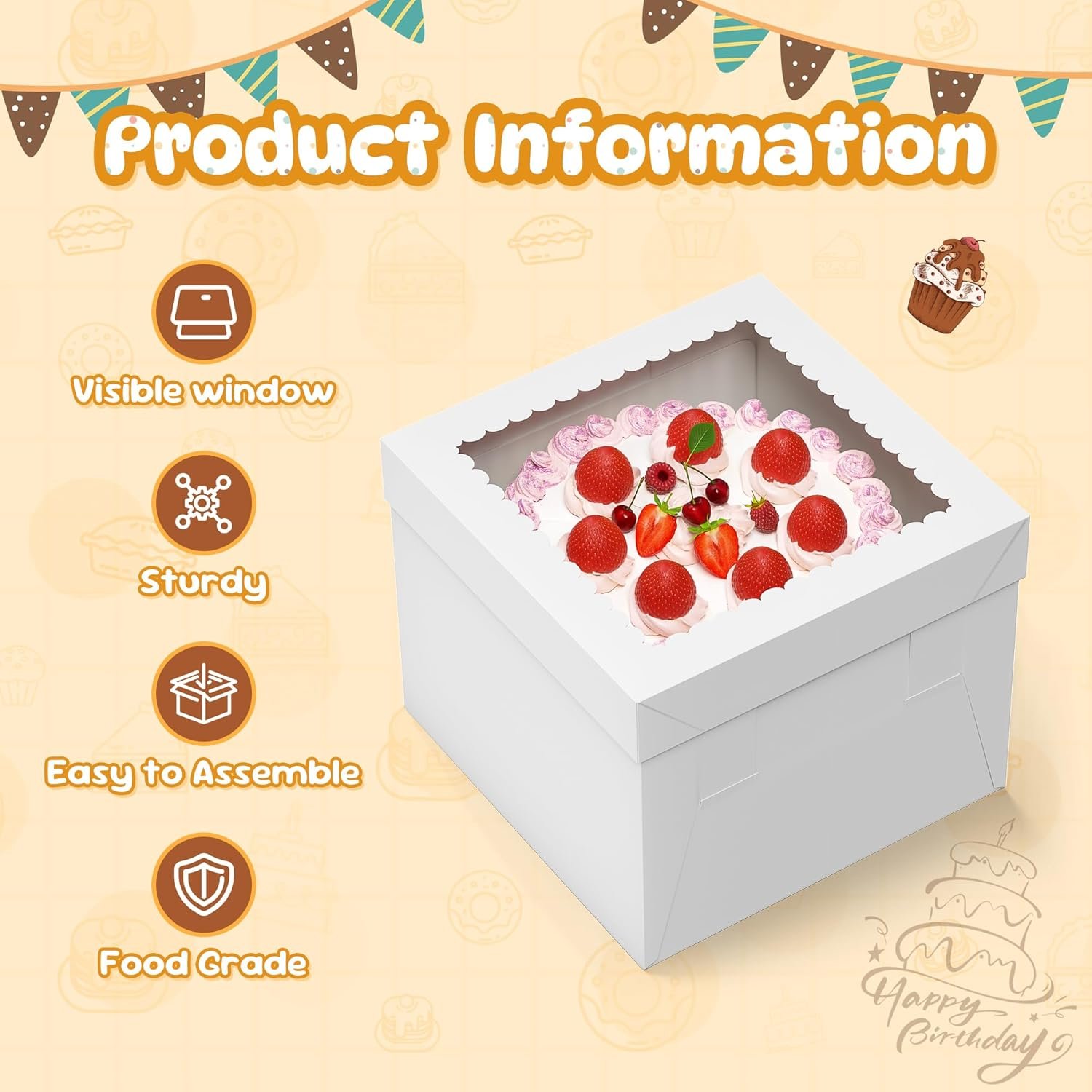 Boîte à gâteau carrée pour vente en gros avec fenêtre, 10x10x8 pouces, 7 pièces, contenant des planches à gâteaux, idéale pour les gâteaux, pâtisseries, cookies, desserts, anniversaires, Fête des Mères, mariages, et logo personnalisé. Fabricant fiable.