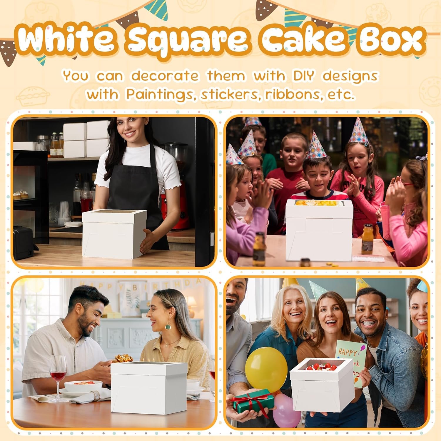 Boîte à gâteau carrée pour vente en gros avec fenêtre, 10x10x8 pouces, 7 pièces, contenant des planches à gâteaux, idéale pour les gâteaux, pâtisseries, cookies, desserts, anniversaires, Fête des Mères, mariages, et logo personnalisé. Fabricant fiable.