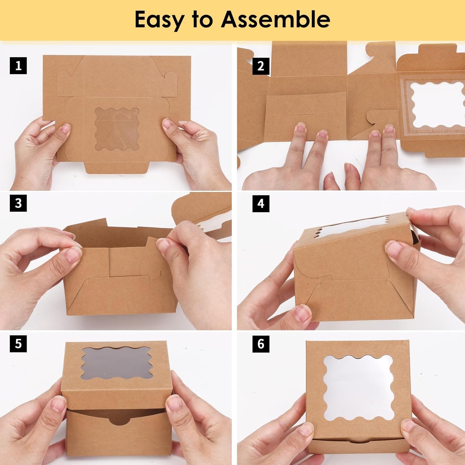 Grossiste en boîtes à biscuits avec fenêtre, 50pcs, 4x4x2.5 pouces, contenant pour pâtisseries, logo personnalisé, fabricant d'emballages pour petites friandises et desserts en vrac.