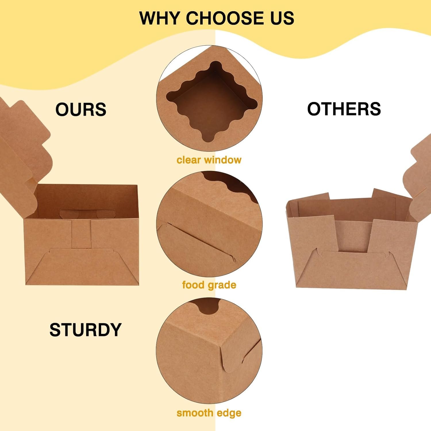 Grossiste en boîtes à biscuits avec fenêtre, 50pcs, 4x4x2.5 pouces, contenant pour pâtisseries, logo personnalisé, fabricant d'emballages pour petites friandises et desserts en vrac.