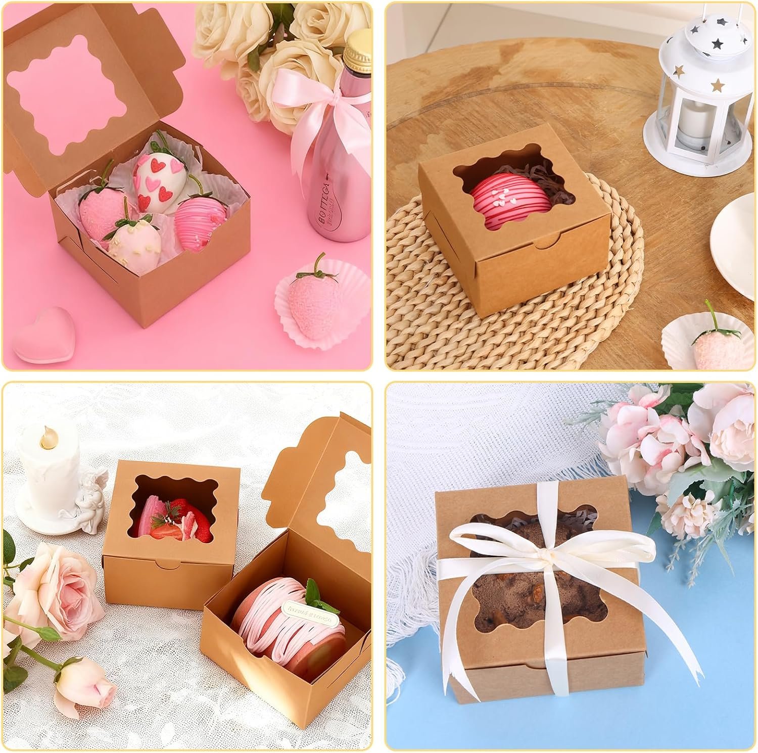 Grossiste en boîtes à biscuits avec fenêtre, 50pcs, 4x4x2.5 pouces, contenant pour pâtisseries, logo personnalisé, fabricant d'emballages pour petites friandises et desserts en vrac.