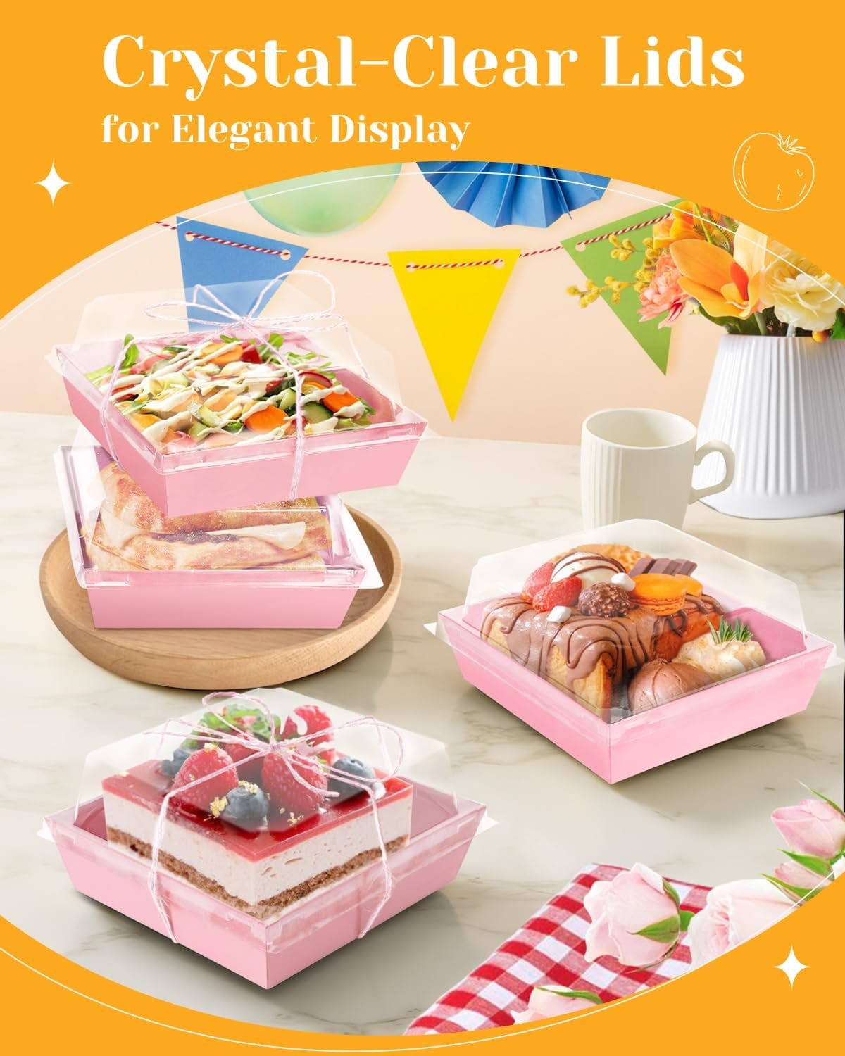 Grossiste en 60 Pack de Boîtes à Charcuterie Roses avec Couvercles Clairs, Petites Boîtes en Papier de 5 Pouces à Emporter avec Couvercle - Logo Personnalisé pour Favoris de Fête, Nourriture, Sushi, Biscuit, Part de Gâteau, Dessert, Sandwich - Fournisseur de Solutions en Vente en Gros