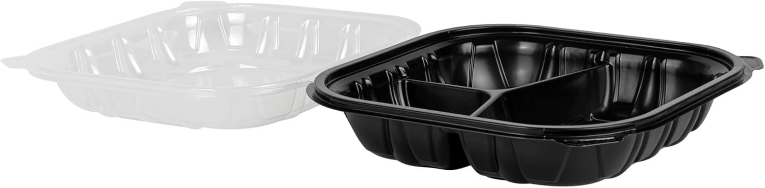 Grossiste en Vrac de Contenants en Plastique Noir 40 onces, 50 Boîtes à Emporter Jetables avec 3 Compartiments, Couvercles Ventilés, Idéales pour Salades et Pâtes, OEM, Fournisseur de Récipients pour Préparation de Repas Microwavables.