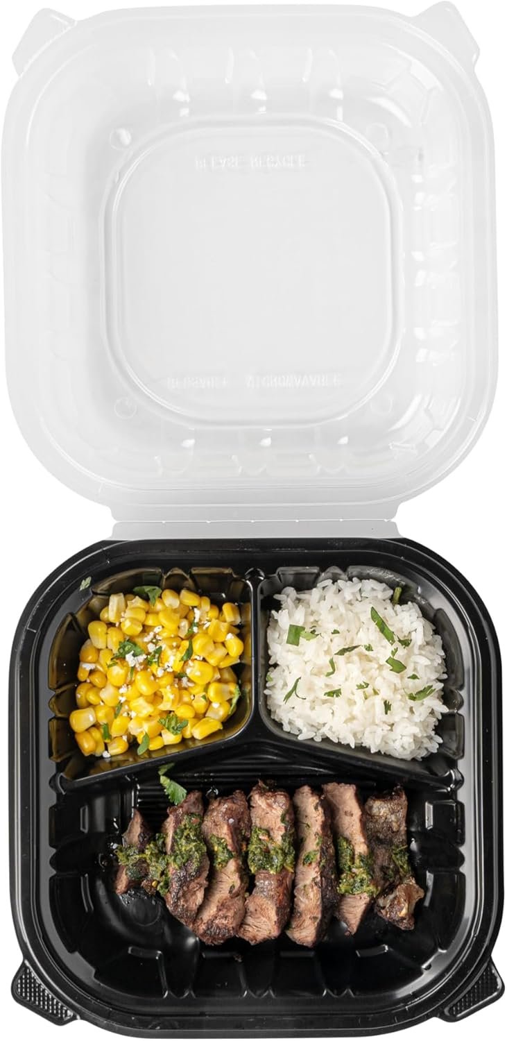 Grossiste en Vrac de Contenants en Plastique Noir 40 onces, 50 Boîtes à Emporter Jetables avec 3 Compartiments, Couvercles Ventilés, Idéales pour Salades et Pâtes, OEM, Fournisseur de Récipients pour Préparation de Repas Microwavables.