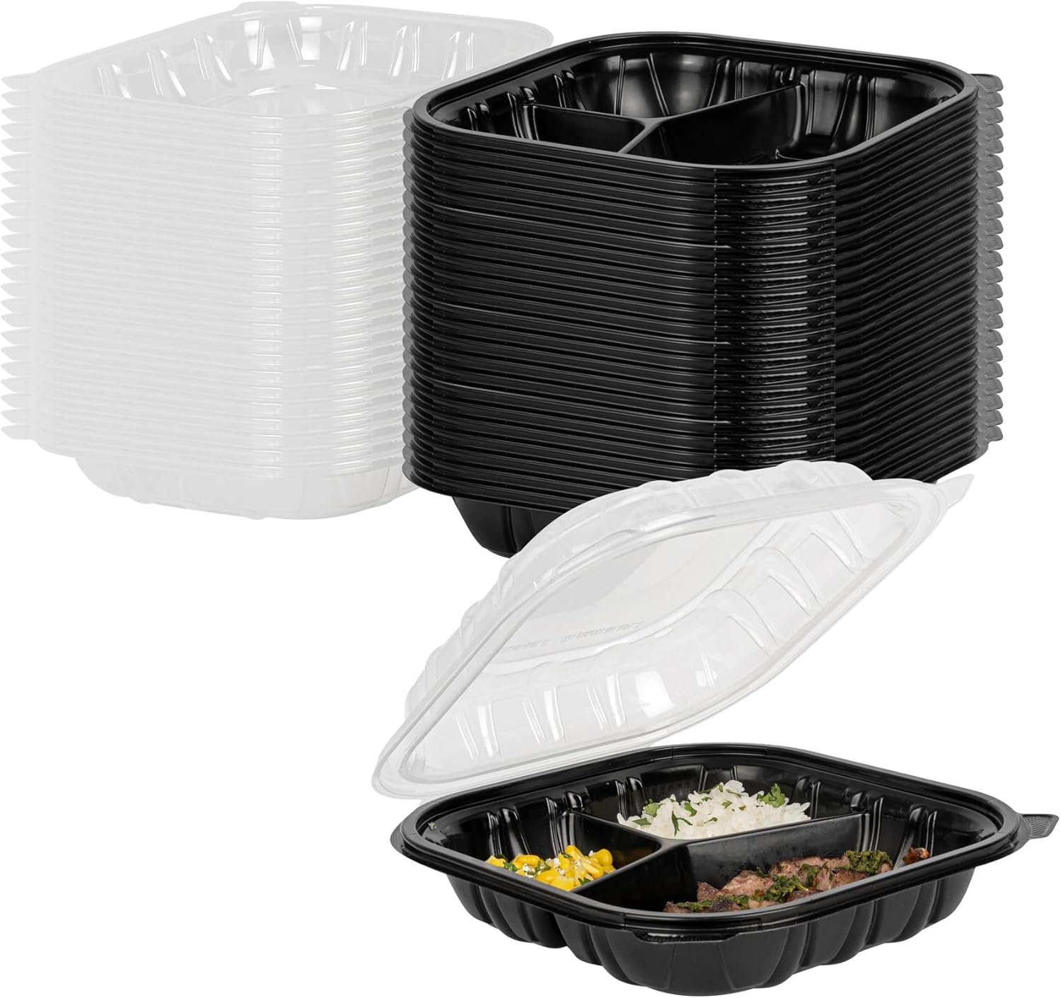 Grossiste en Vrac de Contenants en Plastique Noir 40 onces, 50 Boîtes à Emporter Jetables avec 3 Compartiments, Couvercles Ventilés, Idéales pour Salades et Pâtes, OEM, Fournisseur de Récipients pour Préparation de Repas Microwavables.
