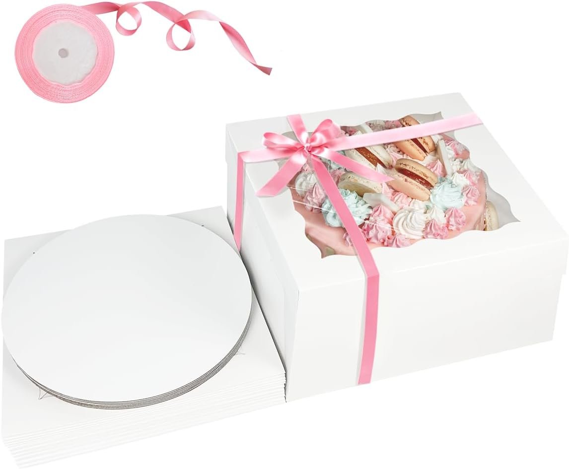 Grossiste en emballages de pâtisserie, Boîte à gâteau blanche 10x10x8 avec fenêtre, 4 ensembles de boîtes à gâteau et 4 plaques rondes de 10 pouces, 10 mètres de ruban en soie rose, OEM et fournisseur.