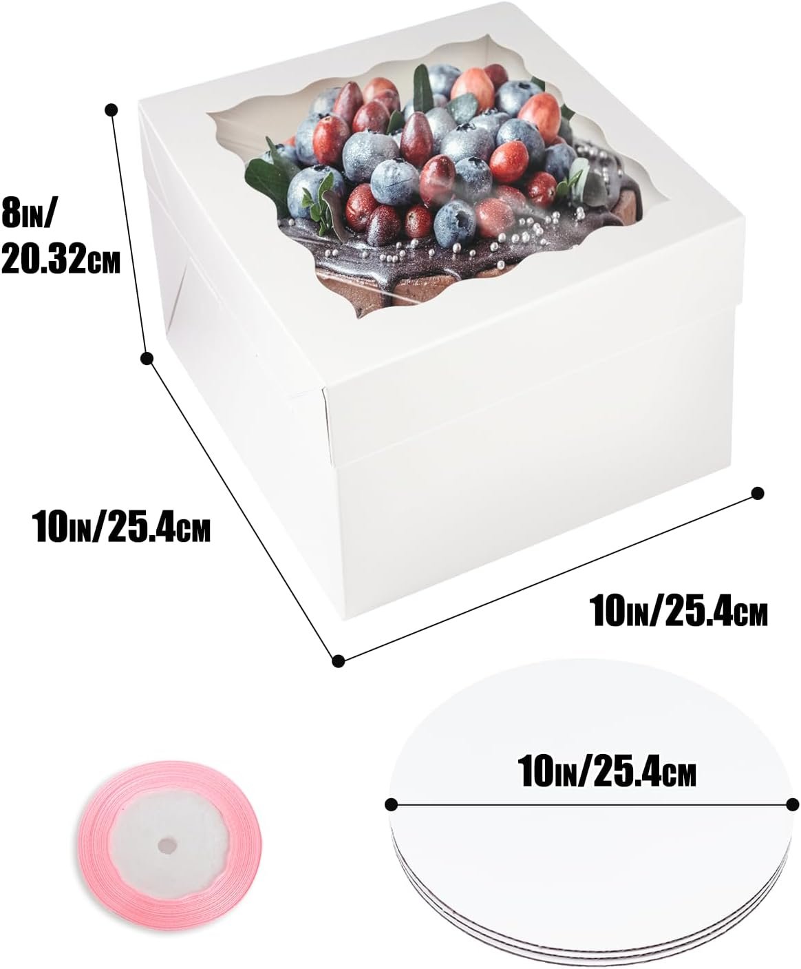 Grossiste en emballages de pâtisserie, Boîte à gâteau blanche 10x10x8 avec fenêtre, 4 ensembles de boîtes à gâteau et 4 plaques rondes de 10 pouces, 10 mètres de ruban en soie rose, OEM et fournisseur.