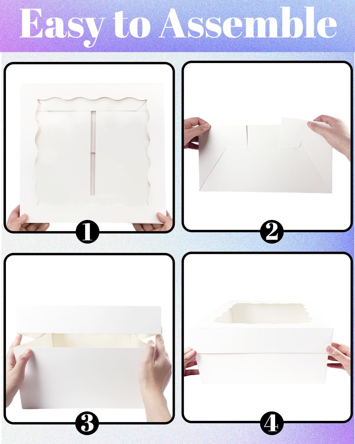 Grossiste en emballages de pâtisserie, Boîte à gâteau blanche 10x10x8 avec fenêtre, 4 ensembles de boîtes à gâteau et 4 plaques rondes de 10 pouces, 10 mètres de ruban en soie rose, OEM et fournisseur.