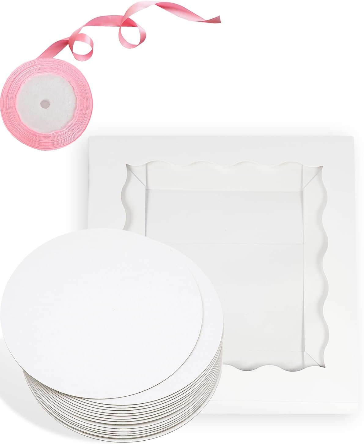 Grossiste en emballages de pâtisserie, Boîte à gâteau blanche 10x10x8 avec fenêtre, 4 ensembles de boîtes à gâteau et 4 plaques rondes de 10 pouces, 10 mètres de ruban en soie rose, OEM et fournisseur.