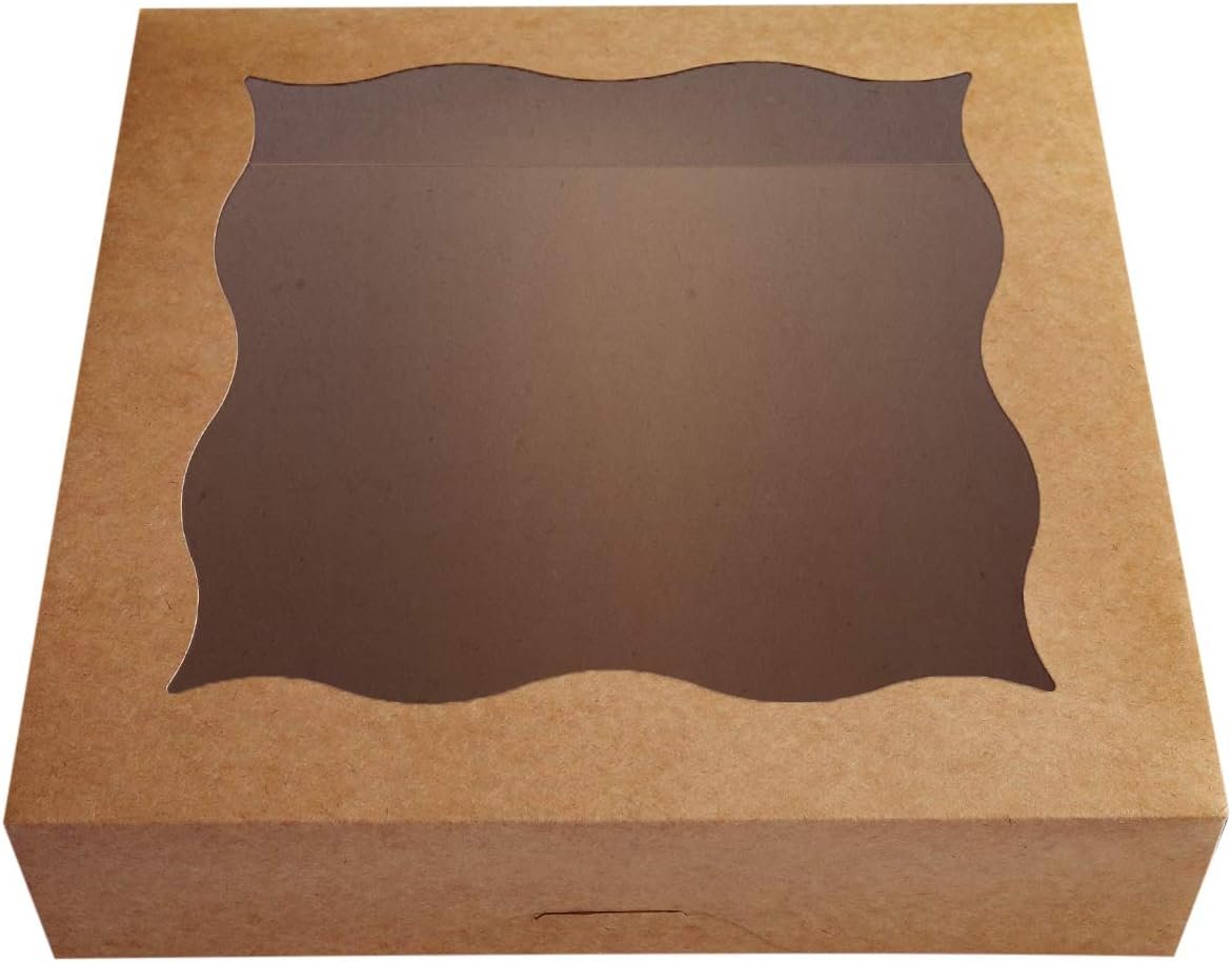 Grossiste en Vrac Boîtes à Pâtisserie Brunes 12"x12"x3" avec Fenêtre PVC pour Tartes et Biscuits, Marque Blanche, Pack de 15