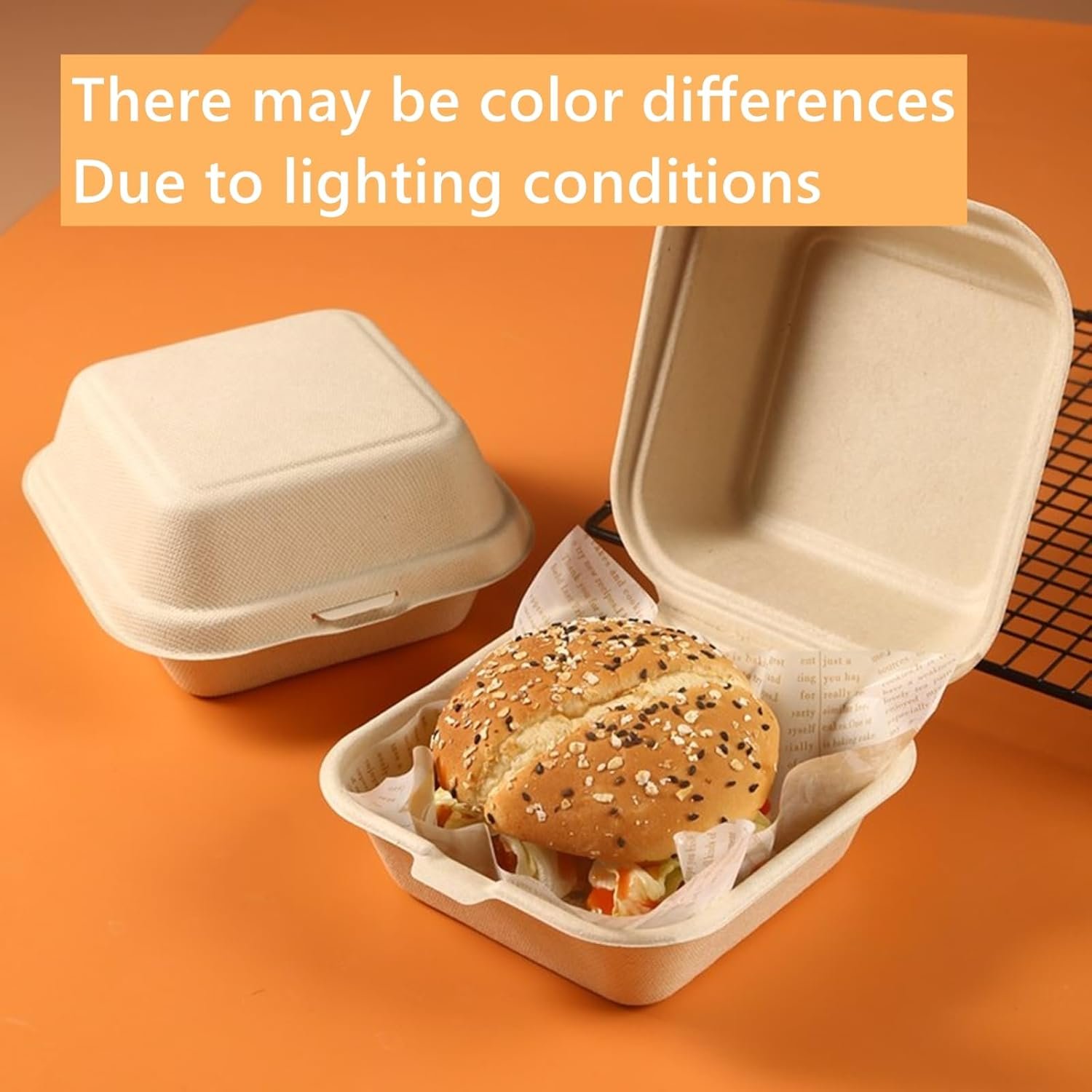 Container alimentaire à emporter en vrac 150 unités, 6 x 6 pouces, boîte à bento en bagasse avec couvercle articulé pour hamburgers, sandwichs et chips, fournisseur de produits jetables, compatible micro-ondes et congélateur, logo personnalisé.