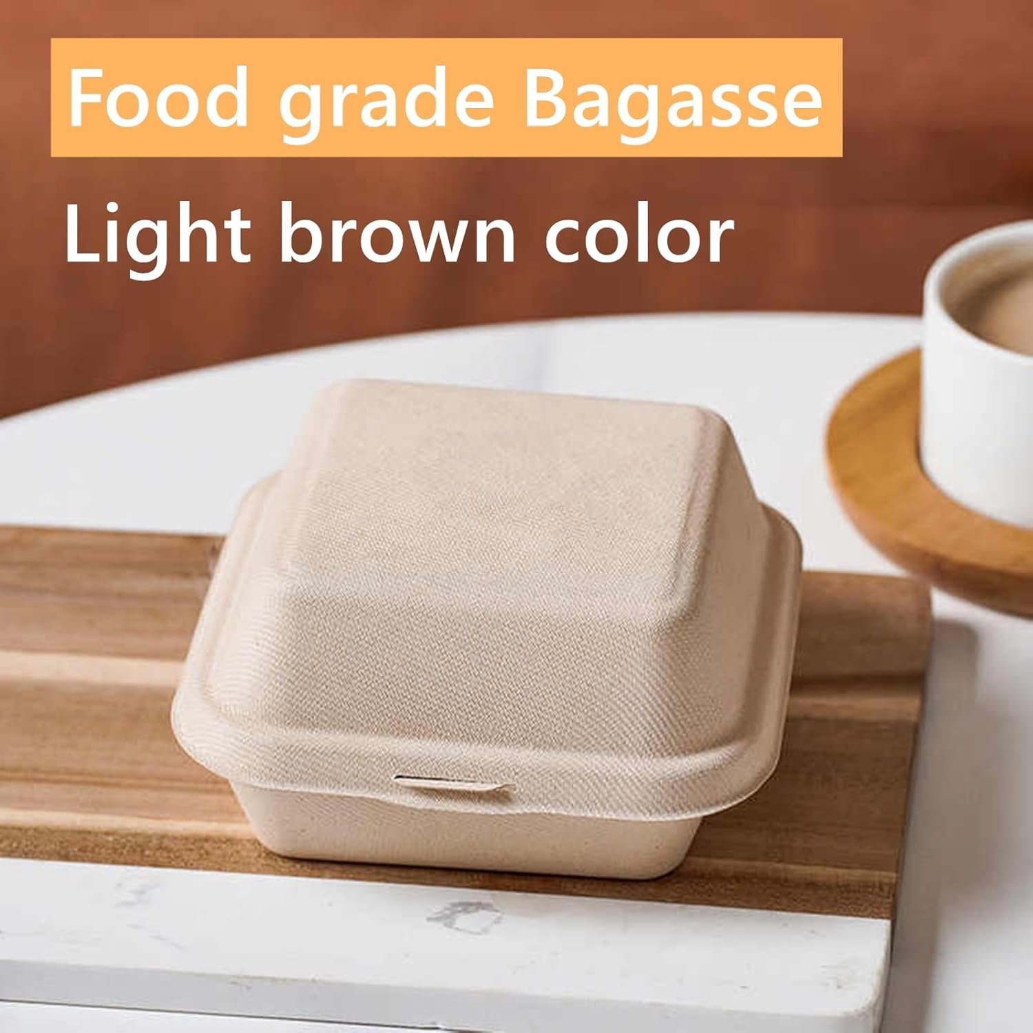 Container alimentaire à emporter en vrac 150 unités, 6 x 6 pouces, boîte à bento en bagasse avec couvercle articulé pour hamburgers, sandwichs et chips, fournisseur de produits jetables, compatible micro-ondes et congélateur, logo personnalisé.