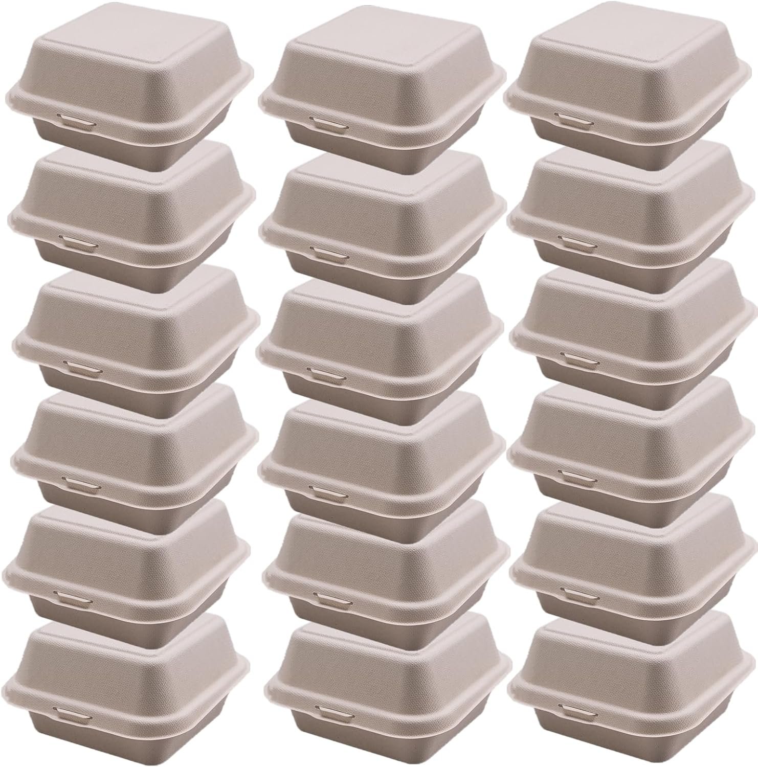 Container alimentaire à emporter en vrac 150 unités, 6 x 6 pouces, boîte à bento en bagasse avec couvercle articulé pour hamburgers, sandwichs et chips, fournisseur de produits jetables, compatible micro-ondes et congélateur, logo personnalisé.