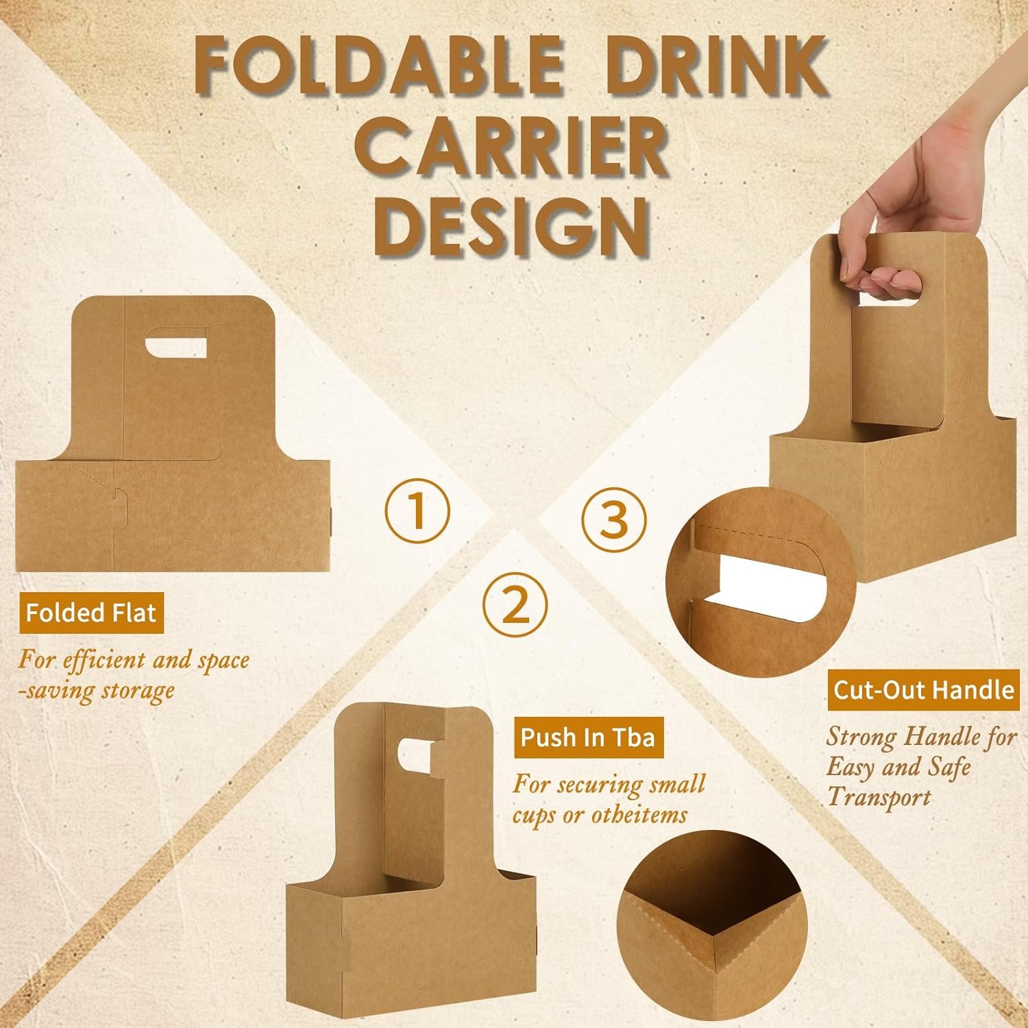 Grossiste 60 pcs Support à boissons en papier kraft brun pour 2 tasses avec poignée – Support à gobelet en papier jetable pour boissons chaudes ou froides, transport de tasses & porte-gobelets pour livraison de nourriture, Personnalisation de logo disponible, Fabricant européen.