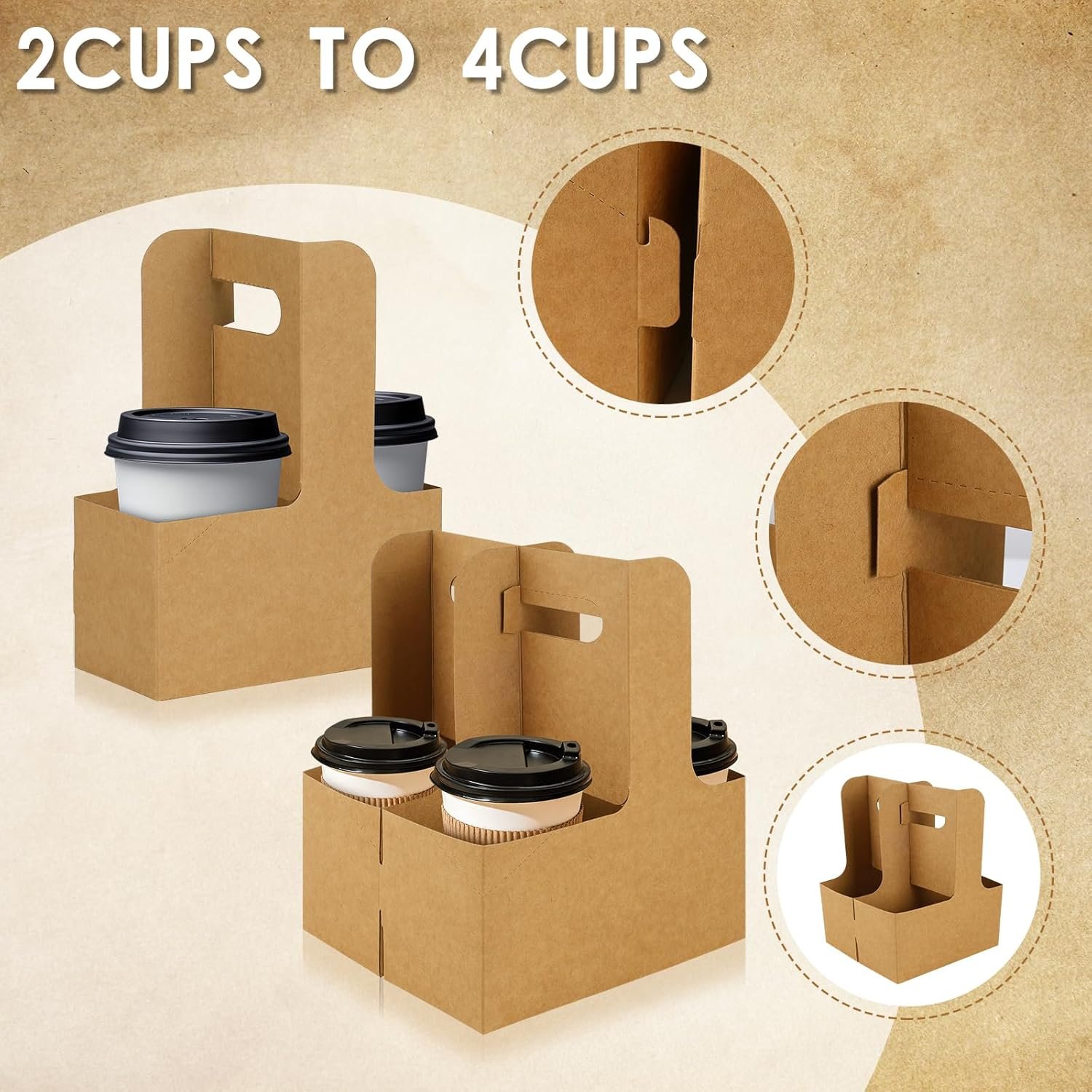 Grossiste 60 pcs Support à boissons en papier kraft brun pour 2 tasses avec poignée – Support à gobelet en papier jetable pour boissons chaudes ou froides, transport de tasses & porte-gobelets pour livraison de nourriture, Personnalisation de logo disponible, Fabricant européen.