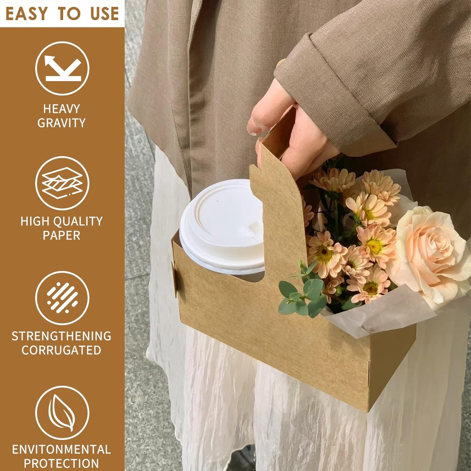 Grossiste 60 pcs Support à boissons en papier kraft brun pour 2 tasses avec poignée – Support à gobelet en papier jetable pour boissons chaudes ou froides, transport de tasses & porte-gobelets pour livraison de nourriture, Personnalisation de logo disponible, Fabricant européen.