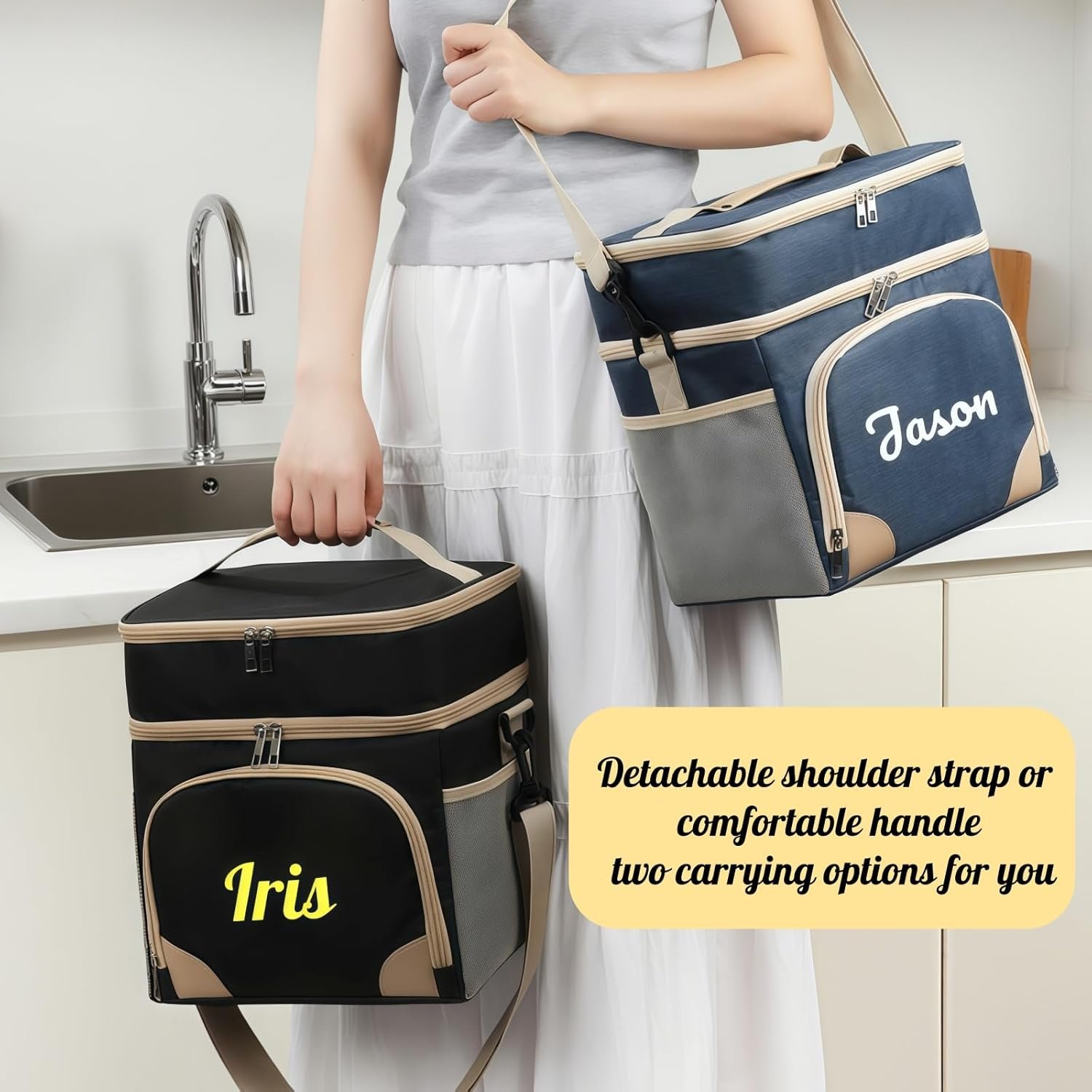 Sac de travail personnalisé avec compartiment déjeuner, Logo Personnalisé, boîte à lunch isolée extensible pour adultes, Fournisseur, idéale pour les femmes avec nom brodé, Grossiste.