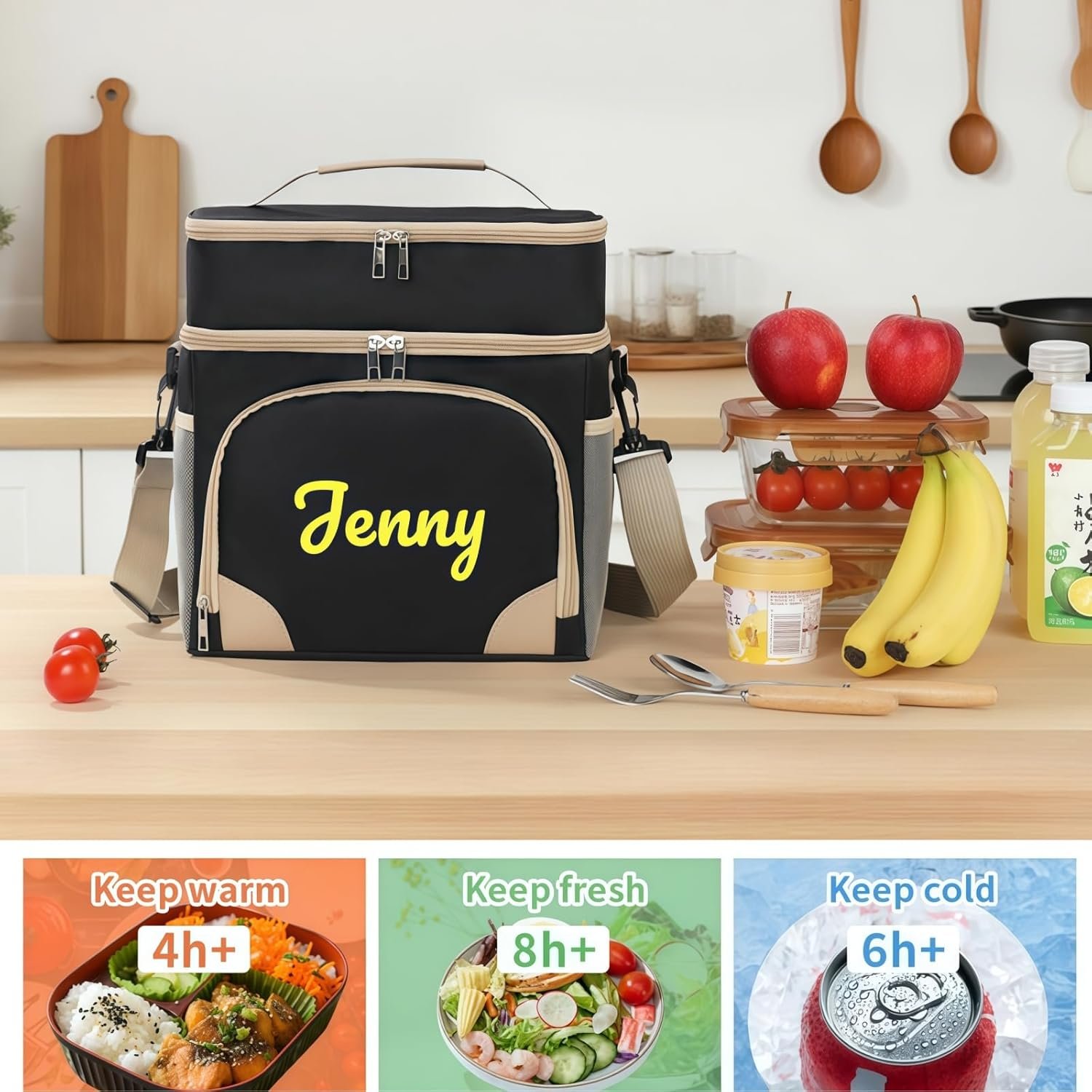 Sac de travail personnalisé avec compartiment déjeuner, Logo Personnalisé, boîte à lunch isolée extensible pour adultes, Fournisseur, idéale pour les femmes avec nom brodé, Grossiste.