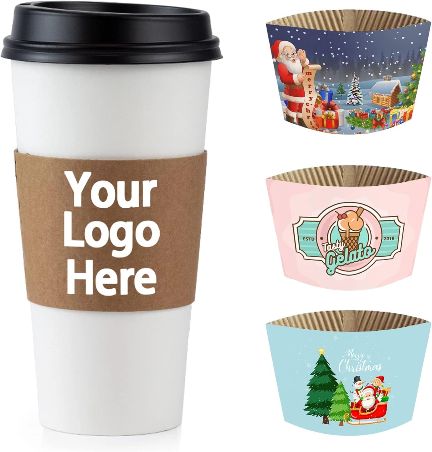 Grossiste 1000PCS Manches de tasse à café en papier personnalisées, isolées à double couche, design moderne, 10,3"W x 2,36"H, blanc et rose, pour un usage domestique, Fournisseur d'options jetables et réutilisables, Logo Personnalisé.