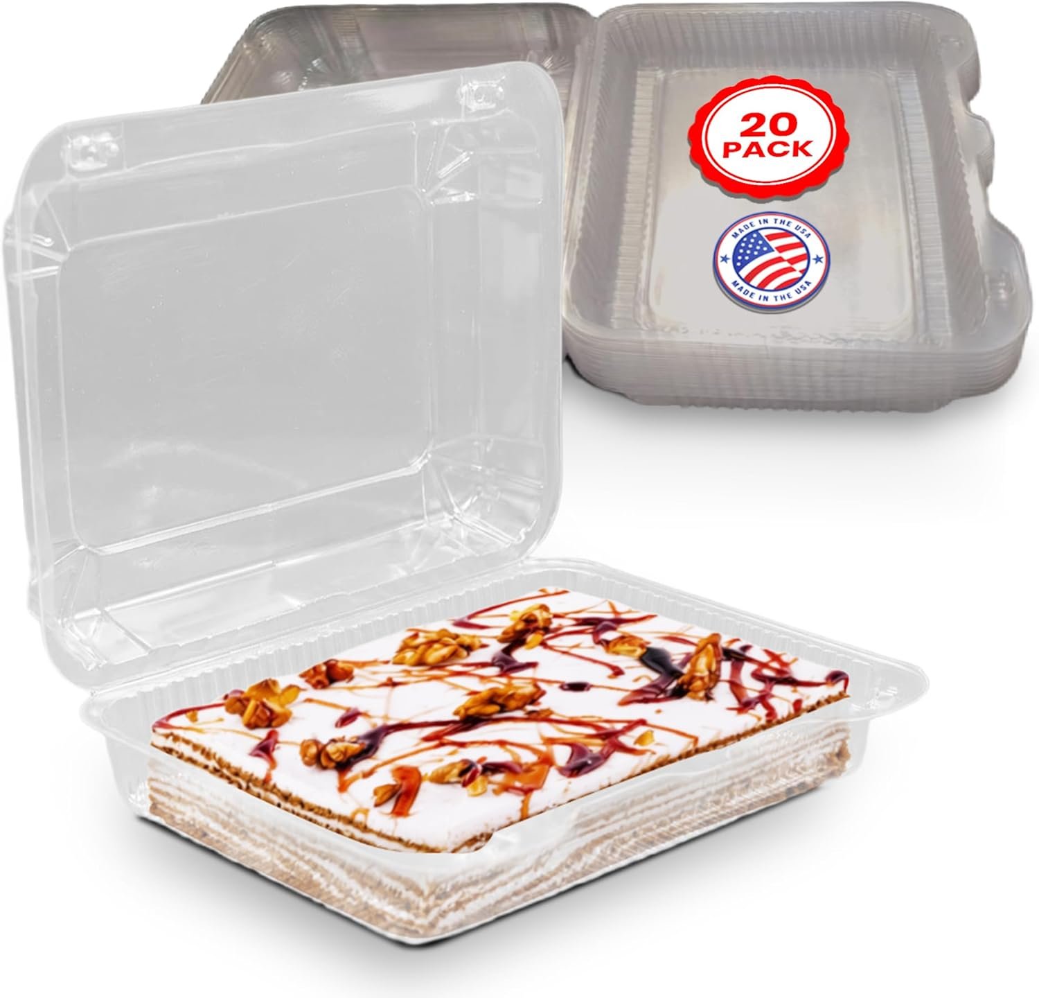 Grossiste en conteneurs à emporter clamshell 10.5" x 8", fournisseur de containers en plastique pour desserts, snacks, pâtisseries, salades et fruits avec couvercles, vente en gros de pack de 20, Logo Personnalisé.