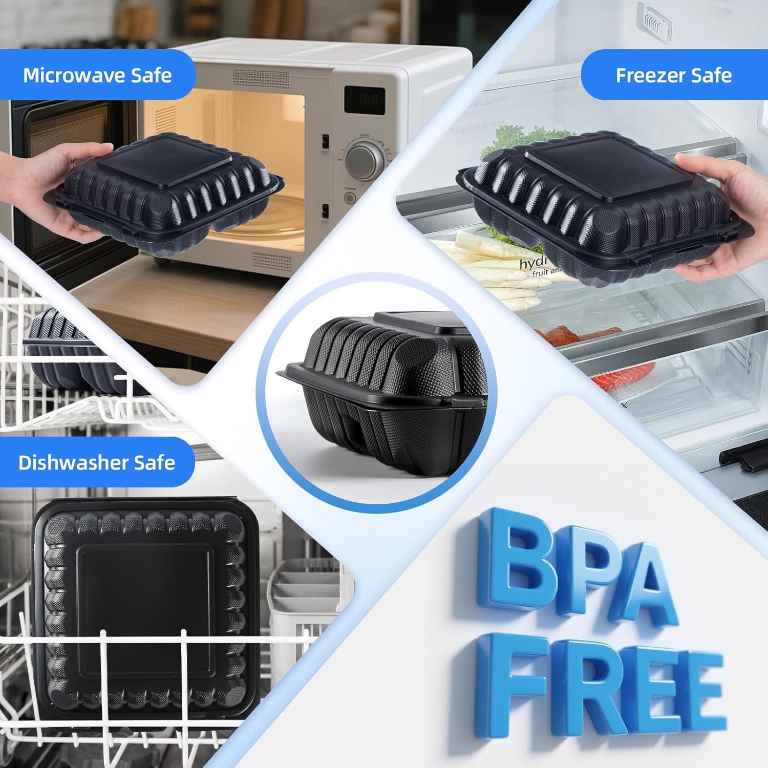 Grossiste Contenants Alimentaires 55 Pack 8x8 34 oz BPA Gratuit | Fabricant Réutilisables & jetables solides Clamshell à emporter | Logo Personnalisé Boîte à Lunch 3 Compartiments Micro-ondable