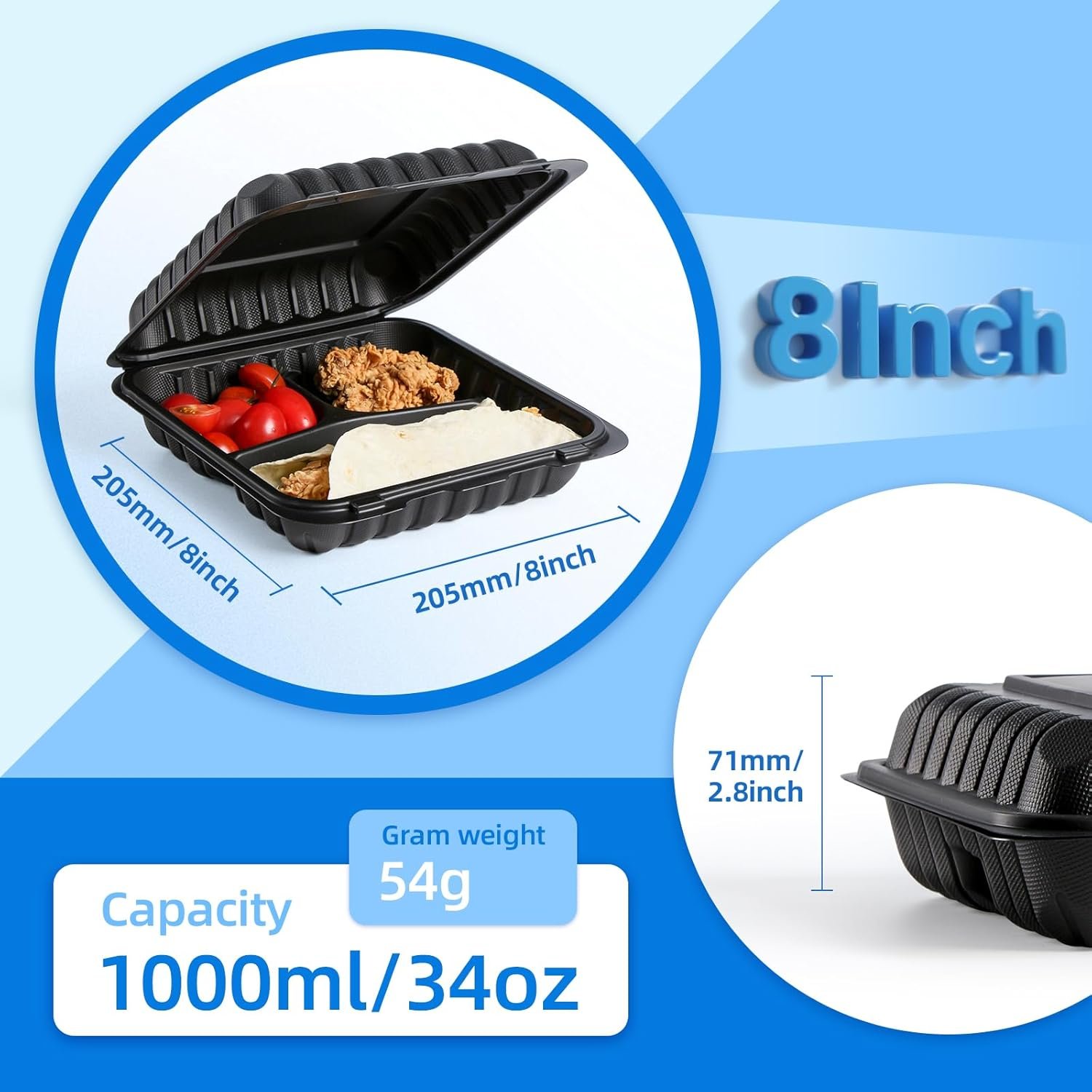 Grossiste Contenants Alimentaires 55 Pack 8x8 34 oz BPA Gratuit | Fabricant Réutilisables & jetables solides Clamshell à emporter | Logo Personnalisé Boîte à Lunch 3 Compartiments Micro-ondable