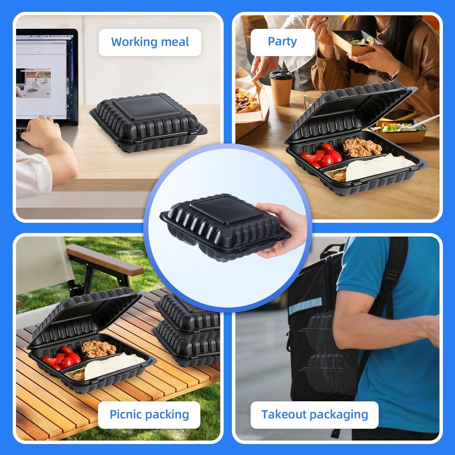 Grossiste Contenants Alimentaires 55 Pack 8x8 34 oz BPA Gratuit | Fabricant Réutilisables & jetables solides Clamshell à emporter | Logo Personnalisé Boîte à Lunch 3 Compartiments Micro-ondable