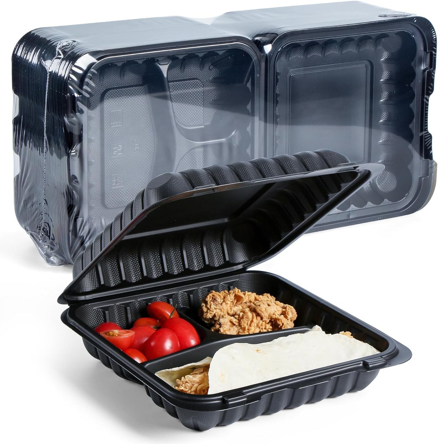 Grossiste Contenants Alimentaires 55 Pack 8x8 34 oz BPA Gratuit | Fabricant Réutilisables & jetables solides Clamshell à emporter | Logo Personnalisé Boîte à Lunch 3 Compartiments Micro-ondable