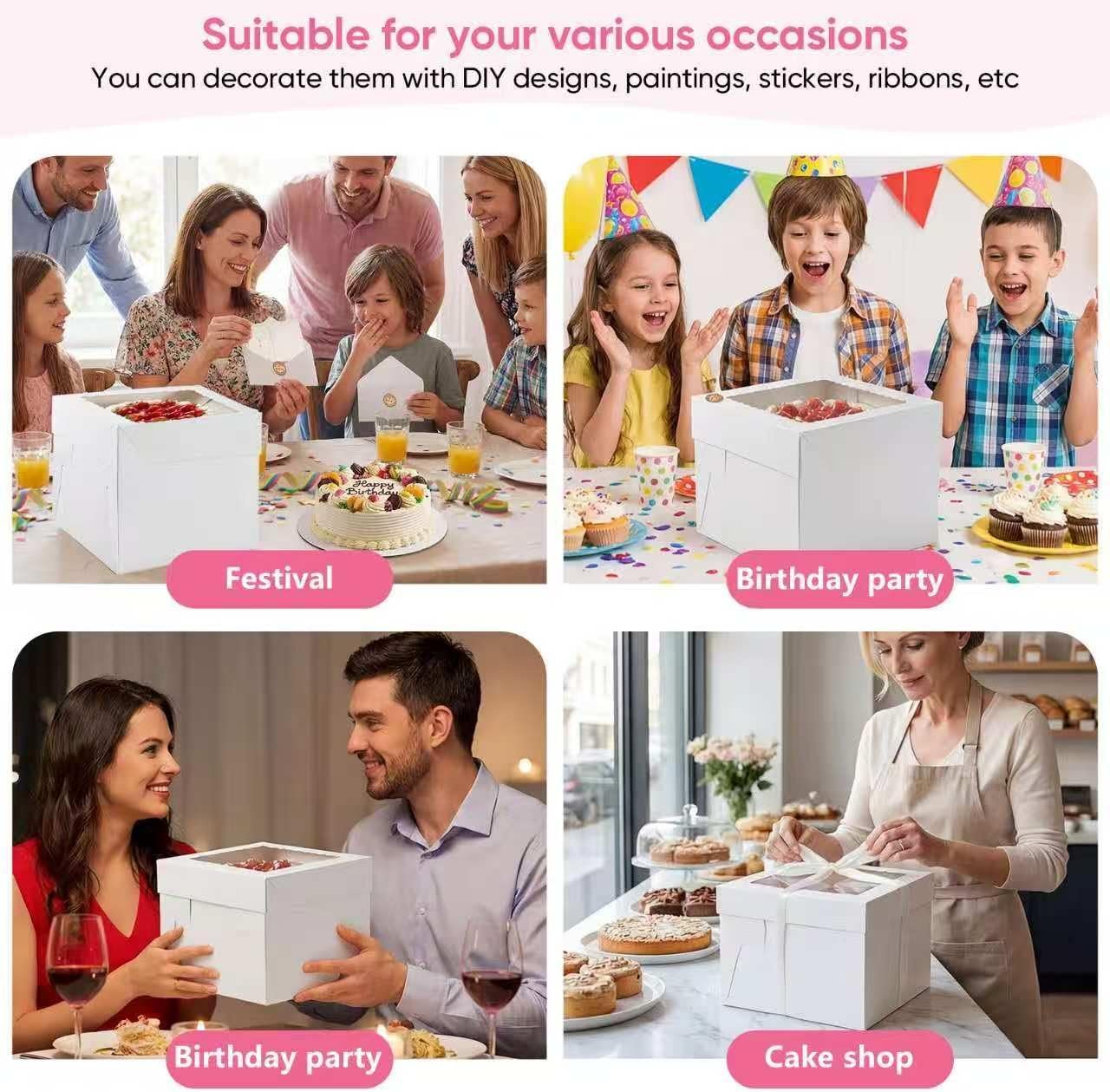 Box de gâteau en gros avec fenêtres – 2 emballages 10 x 10 x 8 pouces, avec supports à gâteaux, autocollants, enveloppes, cartes de vœux et rubans – Fabricant de boîtes jetables pour gâteaux et cupcakes, logo personnalisé. Box de gâteau en gros avec fenêtres – 2 emballages 10 x 10 x 8 pouces, avec supports à gâteaux, autocollants, enveloppes, cartes de vœux et rubans – Fabricant de boîtes jetables pour gâteaux et cupcakes, logo personnalisé.