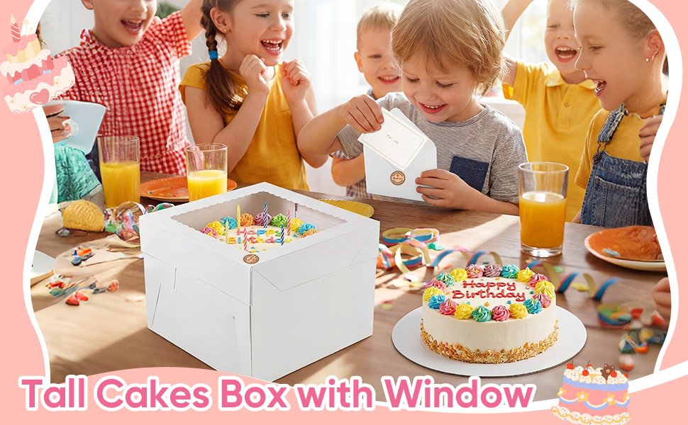 Box de gâteau en gros avec fenêtres – 2 emballages 10 x 10 x 8 pouces, avec supports à gâteaux, autocollants, enveloppes, cartes de vœux et rubans – Fabricant de boîtes jetables pour gâteaux et cupcakes, logo personnalisé. Box de gâteau en gros avec fenêtres – 2 emballages 10 x 10 x 8 pouces, avec supports à gâteaux, autocollants, enveloppes, cartes de vœux et rubans – Fabricant de boîtes jetables pour gâteaux et cupcakes, logo personnalisé.