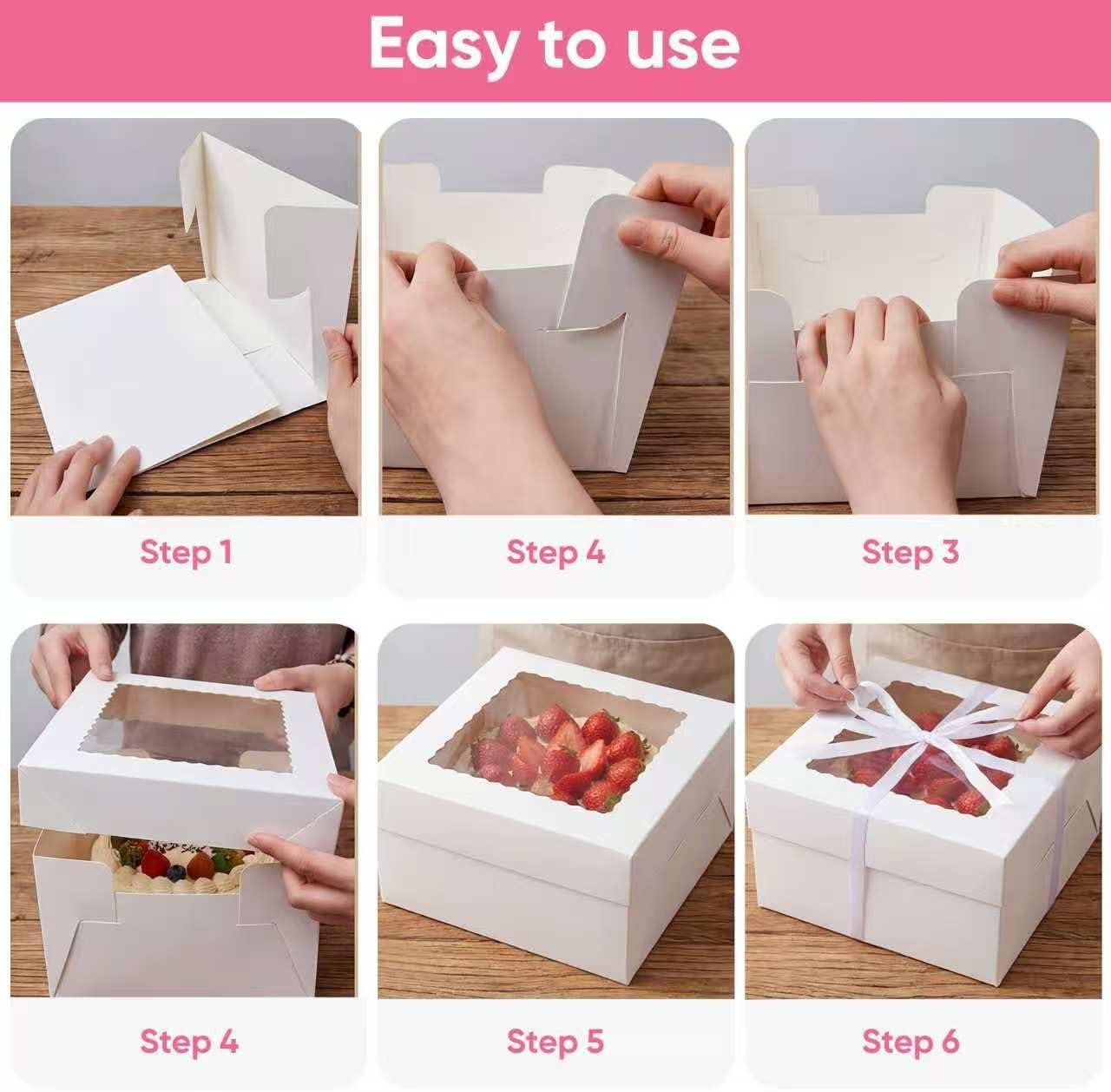 Box de gâteau en gros avec fenêtres – 2 emballages 10 x 10 x 8 pouces, avec supports à gâteaux, autocollants, enveloppes, cartes de vœux et rubans – Fabricant de boîtes jetables pour gâteaux et cupcakes, logo personnalisé. Box de gâteau en gros avec fenêtres – 2 emballages 10 x 10 x 8 pouces, avec supports à gâteaux, autocollants, enveloppes, cartes de vœux et rubans – Fabricant de boîtes jetables pour gâteaux et cupcakes, logo personnalisé.