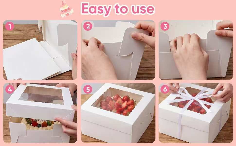 Box de gâteau en gros avec fenêtres – 2 emballages 10 x 10 x 8 pouces, avec supports à gâteaux, autocollants, enveloppes, cartes de vœux et rubans – Fabricant de boîtes jetables pour gâteaux et cupcakes, logo personnalisé. Box de gâteau en gros avec fenêtres – 2 emballages 10 x 10 x 8 pouces, avec supports à gâteaux, autocollants, enveloppes, cartes de vœux et rubans – Fabricant de boîtes jetables pour gâteaux et cupcakes, logo personnalisé.