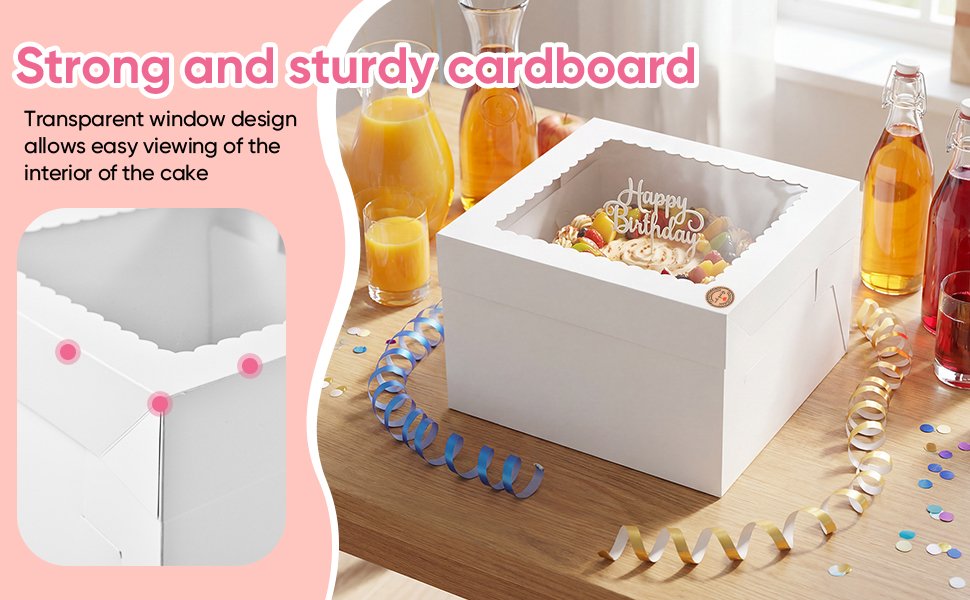 Box de gâteau en gros avec fenêtres – 2 emballages 10 x 10 x 8 pouces, avec supports à gâteaux, autocollants, enveloppes, cartes de vœux et rubans – Fabricant de boîtes jetables pour gâteaux et cupcakes, logo personnalisé. Box de gâteau en gros avec fenêtres – 2 emballages 10 x 10 x 8 pouces, avec supports à gâteaux, autocollants, enveloppes, cartes de vœux et rubans – Fabricant de boîtes jetables pour gâteaux et cupcakes, logo personnalisé.