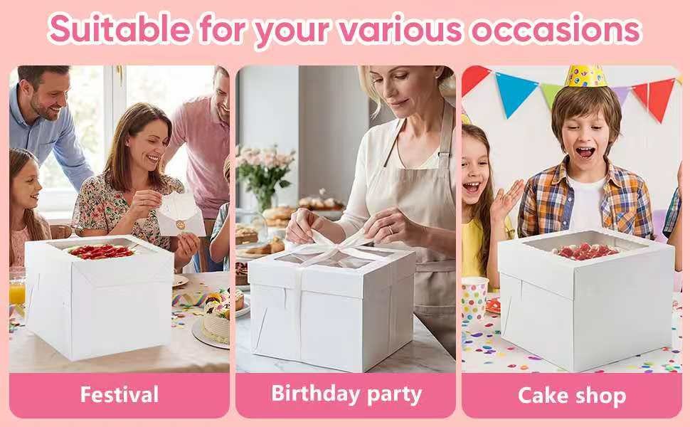 Box de gâteau en gros avec fenêtres – 2 emballages 10 x 10 x 8 pouces, avec supports à gâteaux, autocollants, enveloppes, cartes de vœux et rubans – Fabricant de boîtes jetables pour gâteaux et cupcakes, logo personnalisé. Box de gâteau en gros avec fenêtres – 2 emballages 10 x 10 x 8 pouces, avec supports à gâteaux, autocollants, enveloppes, cartes de vœux et rubans – Fabricant de boîtes jetables pour gâteaux et cupcakes, logo personnalisé.