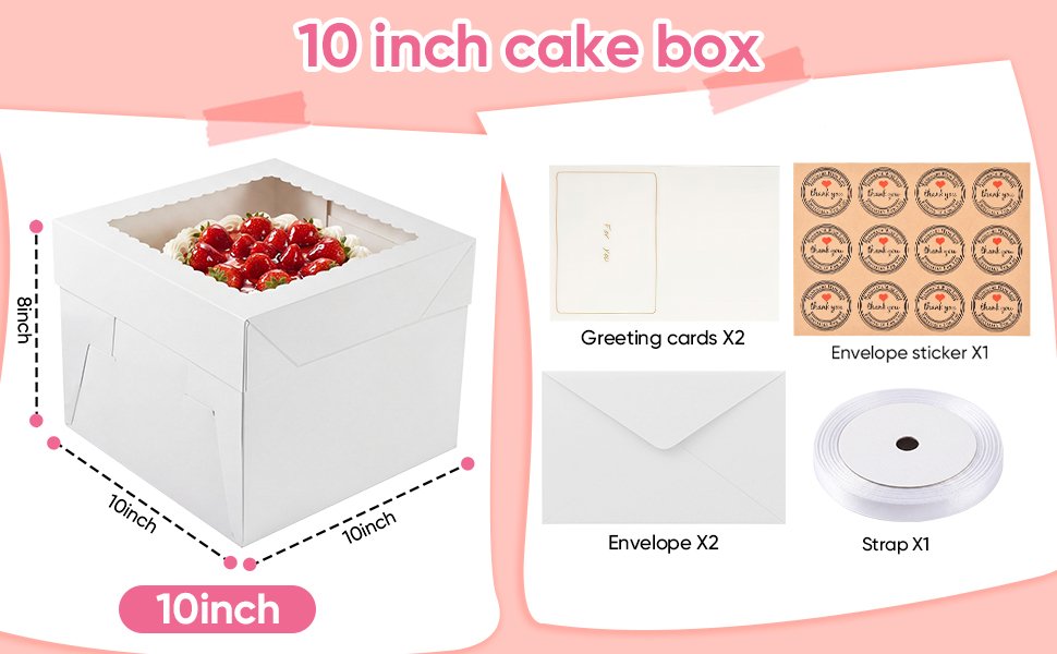 Box de gâteau en gros avec fenêtres – 2 emballages 10 x 10 x 8 pouces, avec supports à gâteaux, autocollants, enveloppes, cartes de vœux et rubans – Fabricant de boîtes jetables pour gâteaux et cupcakes, logo personnalisé. Box de gâteau en gros avec fenêtres – 2 emballages 10 x 10 x 8 pouces, avec supports à gâteaux, autocollants, enveloppes, cartes de vœux et rubans – Fabricant de boîtes jetables pour gâteaux et cupcakes, logo personnalisé.