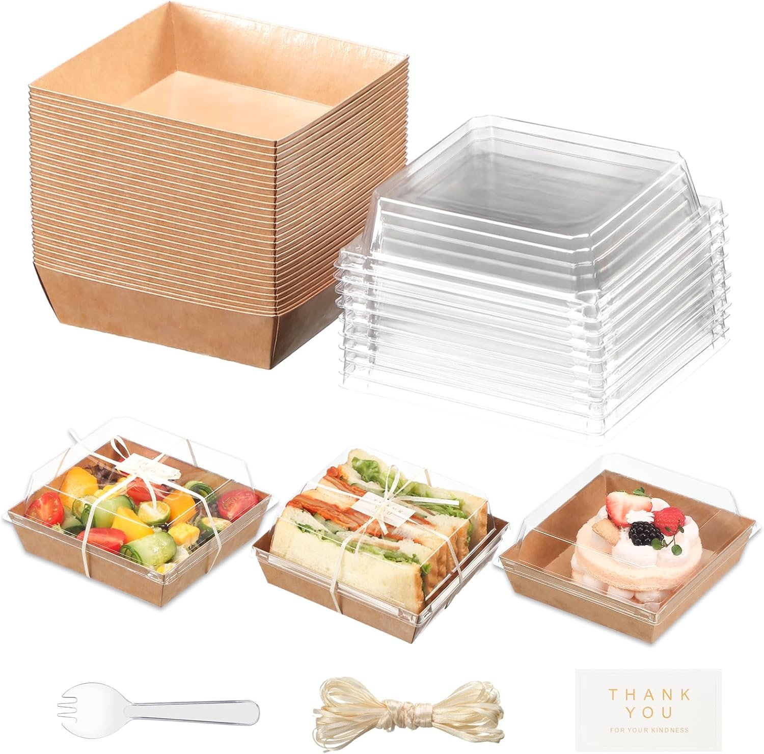 100pcs Boîtes de Charcuterie avec Couvercles Transparents - Fabricant d'Emballages Alimentaires Jetables pour Desserts, Sandwichs, Tranches de Gâteau, Fruits, Salades, Idéal pour Treats de Boulangerie (Marron, 5,3  4,9  2,5 po) - Vente en Gros, Logo Personnalisé, Usine