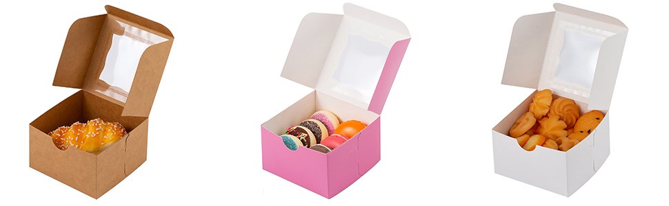 Grossiste en Vrac Boîtes à Gâteaux en Papier avec Fenêtre 100 Pcs 4x4x2,5 pouces pour Pâtisseries Cupcakes et Bonbons - Logo Personnalisé Disponible auprès du Fabricant