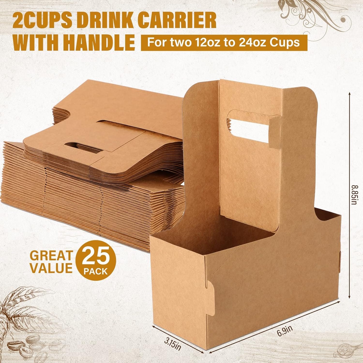 Grossiste de porte-gobelets à deux tasses en papier jetables avec poignées, idéal pour les restaurants et la livraison de nourriture, avec Logo Personnalisé, 100 unités, brun. Fabricant de support à emporter pour café.