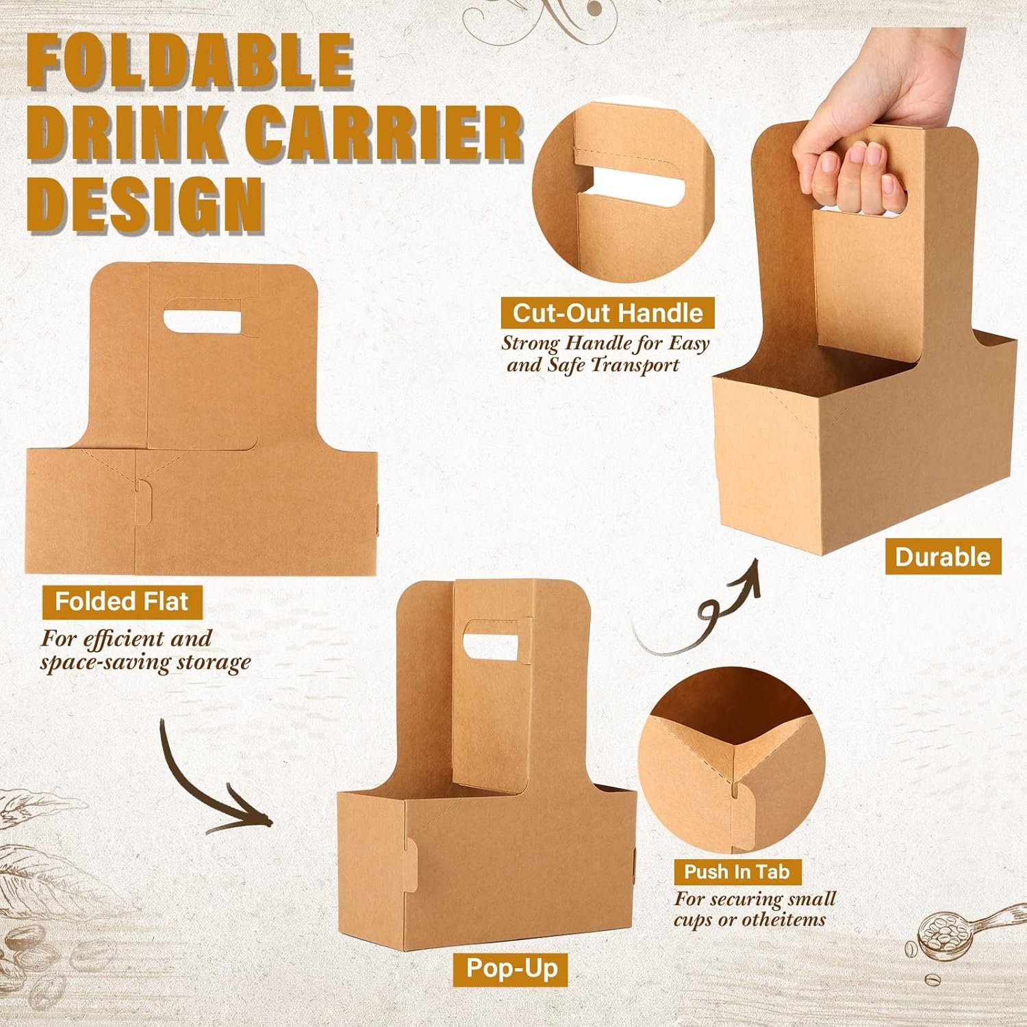 Grossiste de porte-gobelets à deux tasses en papier jetables avec poignées, idéal pour les restaurants et la livraison de nourriture, avec Logo Personnalisé, 100 unités, brun. Fabricant de support à emporter pour café.