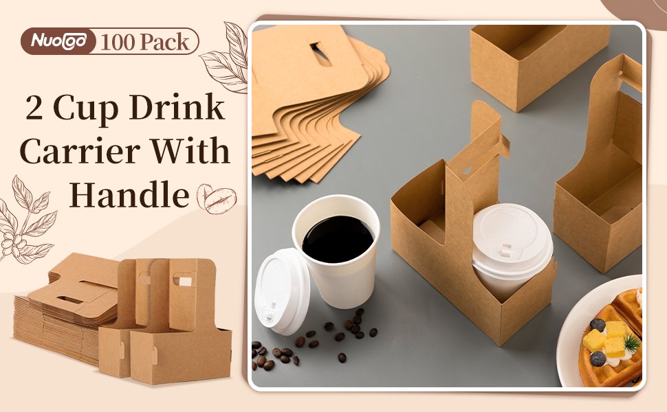 Grossiste de porte-gobelets à deux tasses en papier jetables avec poignées, idéal pour les restaurants et la livraison de nourriture, avec Logo Personnalisé, 100 unités, brun. Fabricant de support à emporter pour café.