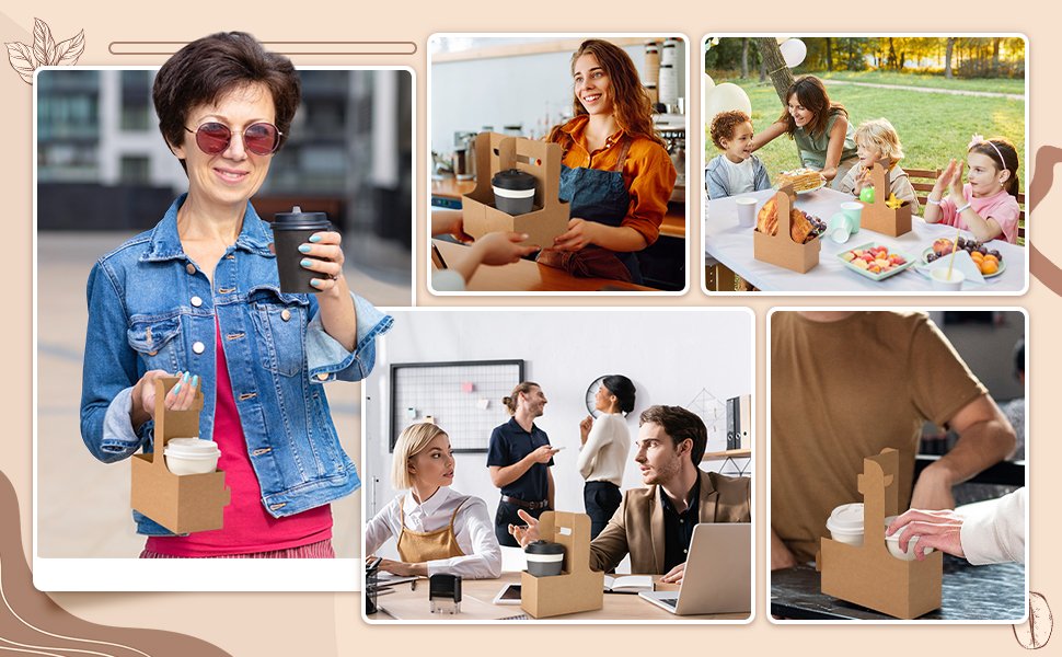 Grossiste de porte-gobelets à deux tasses en papier jetables avec poignées, idéal pour les restaurants et la livraison de nourriture, avec Logo Personnalisé, 100 unités, brun. Fabricant de support à emporter pour café.