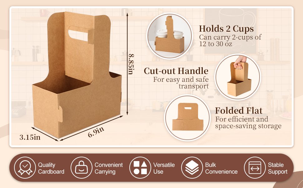 Grossiste de porte-gobelets à deux tasses en papier jetables avec poignées, idéal pour les restaurants et la livraison de nourriture, avec Logo Personnalisé, 100 unités, brun. Fabricant de support à emporter pour café.