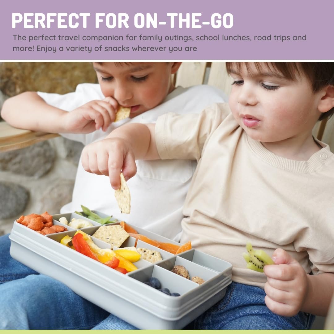 Grossiste boîte à collations 12 Compartiments | Récipient alimentaire BPA-Free avec séparateurs amovibles pour voyage, école et en déplacement | Fabricant d'organisateurs pour enfants et famille (Gris) | OEM disponible.