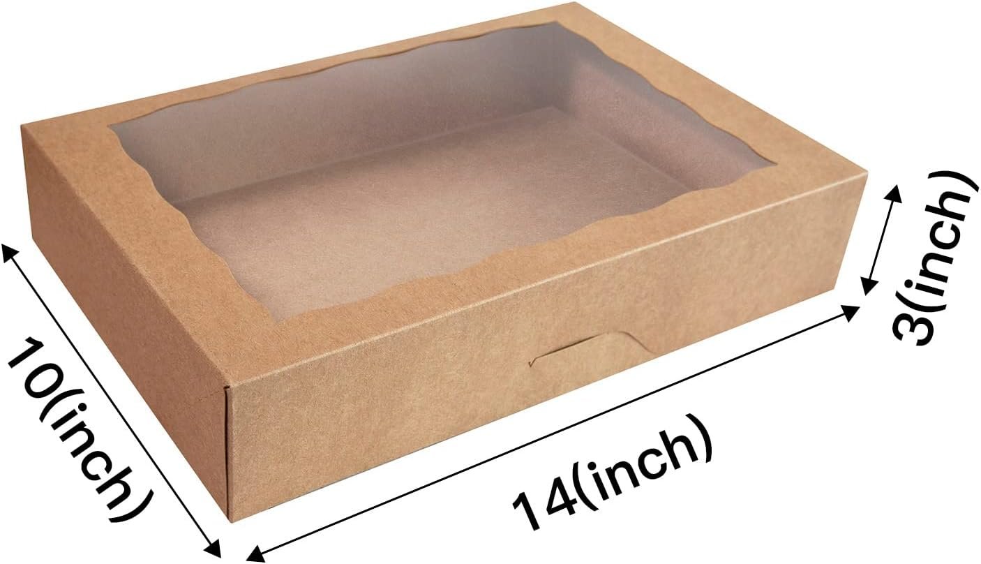Boîte à pâtisserie marron 14x10x3 pouces, conteneurs à emporter en carton naturel, packs de 15 - Vente en gros de donuts, muffins et cookies avec fenêtre en PVC - Logo personnalisé par fournisseur.