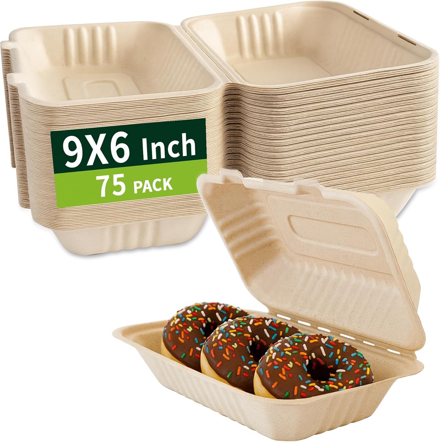 Grossiste contenant à emporter 9x6 pouces, 75 pack de boîtes compostables en bagasse de canne à sucre, récipients jetables pour repas, OEM, avec couvercles, micro-ondable