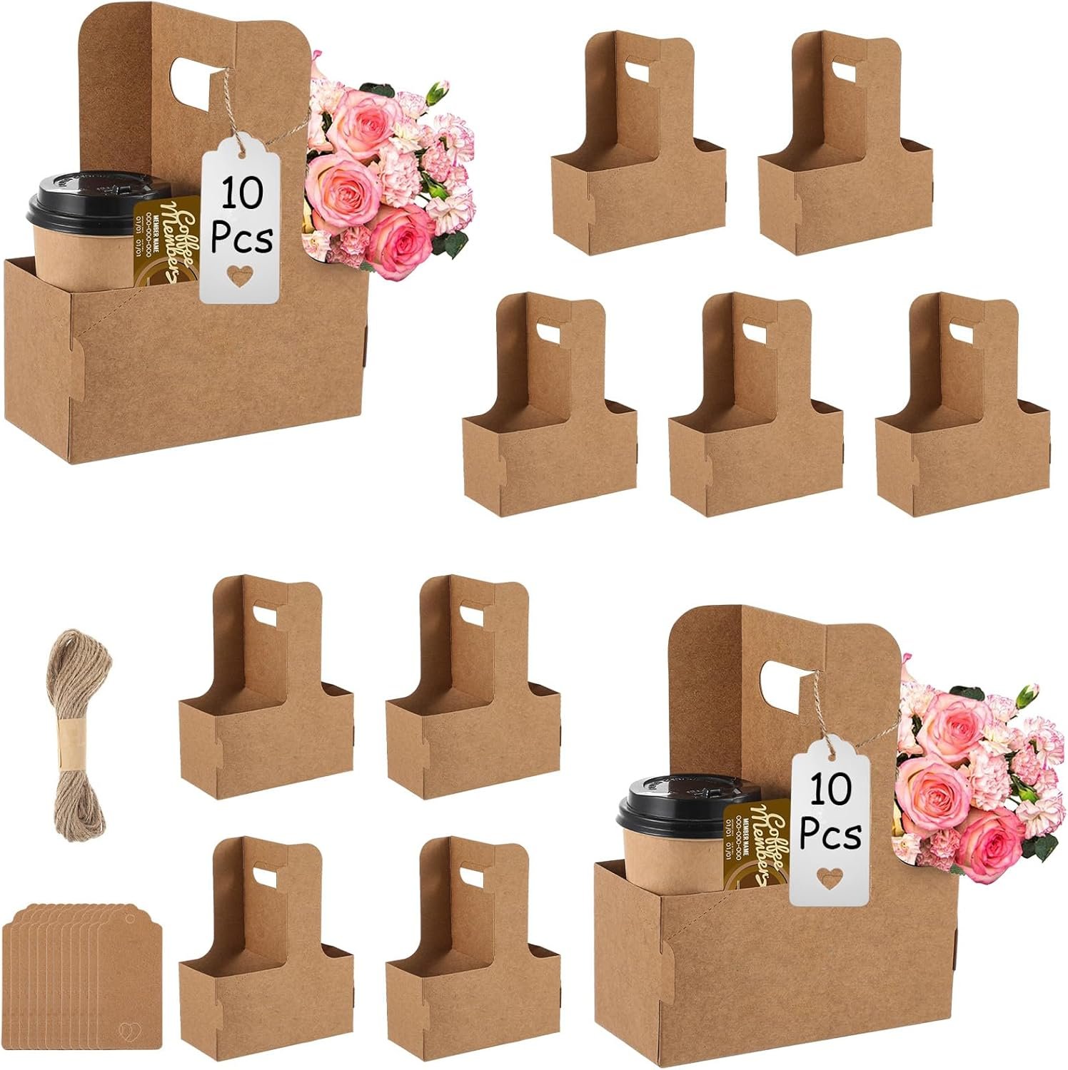 Grossiste porte-gobelet en papier 10 pièces 2 tasses avec poignée, Fournisseur pour services de livraison alimentaire, OEM pour boissons chaudes et froides avec carte cœur pour la semaine d'appréciation des enseignants et la fête des mères.