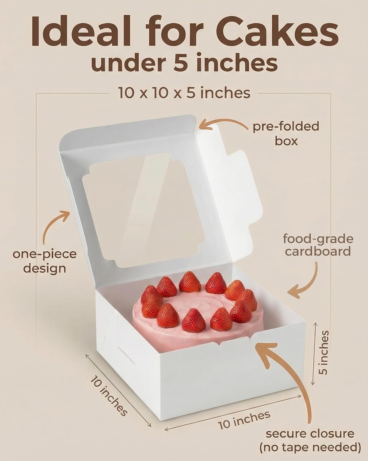 Boîte à gâteau en gros 25 pièces 10x10x5 pouces avec fenêtre, blanc, emballage pour pâtisseries, cookies, beignets, dessert, mariage, avec logo personnalisé, fabricant de boîtes en carton, 80 autocollants inclus.