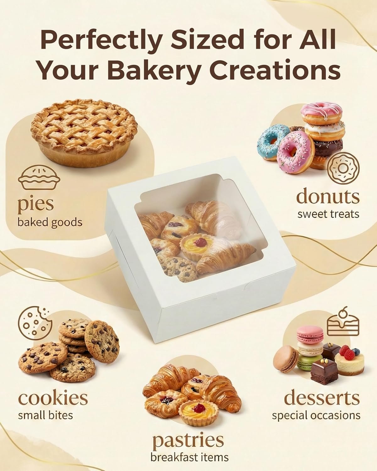 Boîte à gâteau en gros 25 pièces 10x10x5 pouces avec fenêtre, blanc, emballage pour pâtisseries, cookies, beignets, dessert, mariage, avec logo personnalisé, fabricant de boîtes en carton, 80 autocollants inclus.